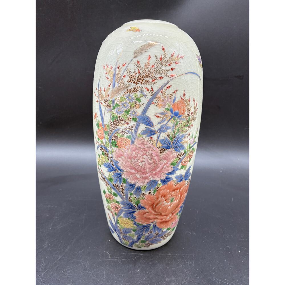 Satsuma-Style Floral Pattern 10" Tall Crackle Glaze Vase - Made in Japan Marked